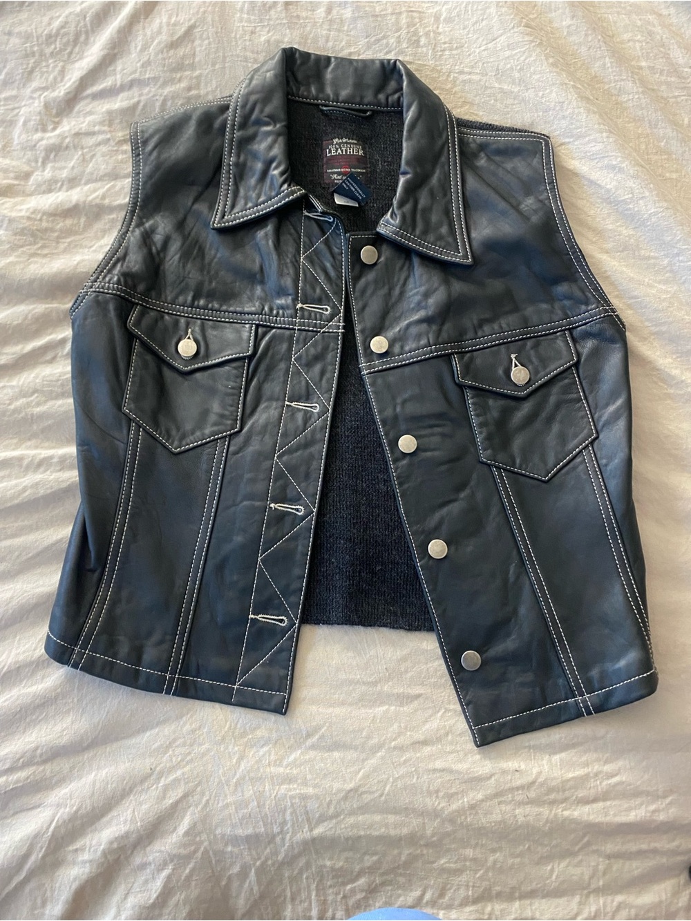 Vintage Gap 100% Leather Vest with Contrast Stitching - Black